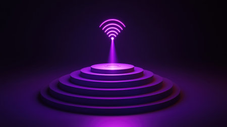 This artwork showcases a modern design, highlighting a wireless signal symbol emanating from a circular podium. The vibrant purple light creates a captivating atmosphere, symbolizing communication and technology.の素材