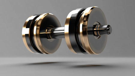 This image features a sleek black and gold dumbbell set against a smooth gray background, perfect for fitness-related content, showcasing strength and motivation.の素材