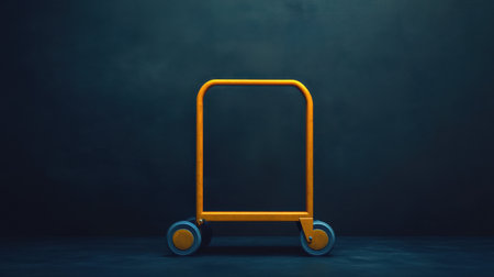 A bright yellow hand truck with blue wheels stands against a dark background, making it ideal for representing warehouse and delivery services.の素材