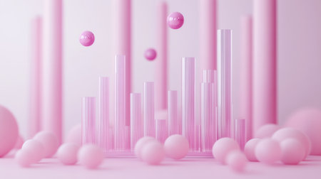 A captivating abstract composition featuring pink spheres and vertical bars, created in a soft minimalist style, ideal for modern design projects.の素材