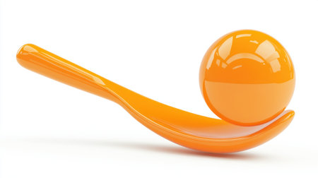 This vibrant orange spoon displays a glossy sphere balanced atop it, creating a playful and modern composition perfect for food themes and creative designs.の素材