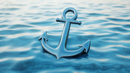 A captivating image of a shiny metal anchor gently floating on a calm blue water surface, capturing the essence of tranquility and maritime themes.の素材