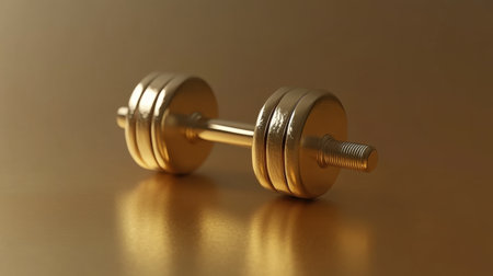 This image showcases a beautiful golden dumbbell resting on a reflective surface, symbolizing fitness, strength, and luxury in workout gear.の素材