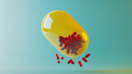 Captivating image of a colorful capsule containing small red items, elegantly floating against a soft blue backdrop, symbolizing health and wellness.の素材
