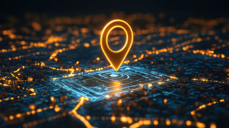 A vibrant digital representation of a cityscape at night, featuring a glowing map pin that signifies location in a high-tech context.の素材