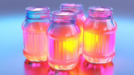 Set of four colorful jars filled with glowing liquids creates an eye-catching visual. Ideal for modern decor or creative projects with vibrant themes.の素材
