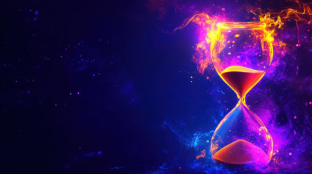 This captivating image features a vividly colored hourglass with fiery sand flowing through it against a cosmic backdrop, symbolizing the passage of time and transformation.の素材