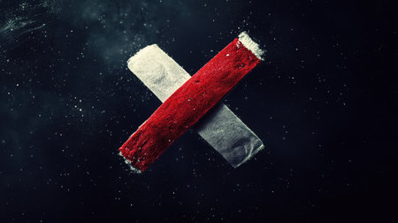 This striking artistic image features a red and white bandage set against a dark background, symbolizing healing and care. Dust particles enhance the dramatic effect.の素材
