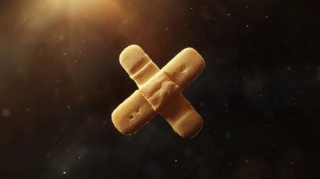 A band-aid floats gracefully in the vastness of space, surrounded by a warm glow. This surreal image evokes concepts of healing, comfort, and innovation.の素材