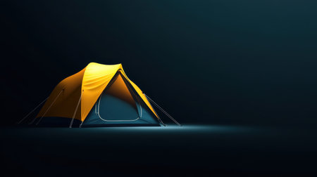 A vivid yellow camping tent sits against a dark background, symbolizing adventure and exploration. Ideal for camping, outdoor gear, and nature-themed photography.の素材