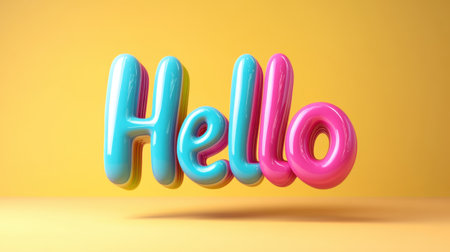 This vibrant 3D artwork features the word "Hello" in playful pink and blue, set against a bright yellow background for a cheerful and inviting vibe.の素材