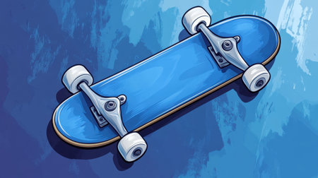 This vibrant image features a stylish blue skateboard, emphasizing its sleek design and smooth wheels, perfect for adventures and outdoor fun.の素材