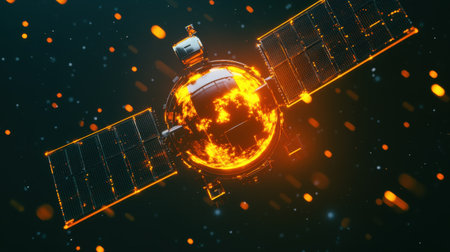 A high-tech satellite circles through the starry void, radiating a fiery glow and surrounded by shimmering particles, symbolizing exploration and discovery.の素材