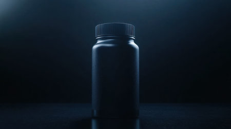 A striking black container designed for supplements or medicines, captured in a studio with dramatic lighting that enhances its sleek appearance.の素材