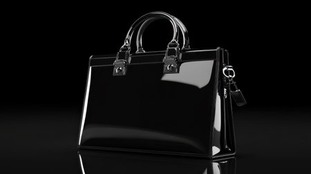 A stunning black handbag featuring a glossy finish, perfect for showcasing fashion accessories and stylish designs in photography.の素材