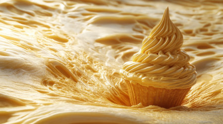 A delightful golden cupcake features a luscious swirl of creamy frosting, creating an inviting scene perfect for food photography.の素材