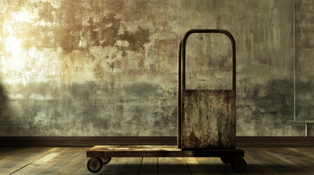 A rusty cart rests on a weathered wooden floor, illuminated by soft lighting against a textured wall, creating a unique atmosphere perfect for artistic projects.の素材