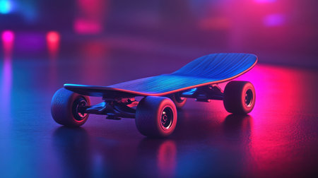 This image features a skateboard illuminated by vibrant neon lights, creating a dynamic and colorful urban scene full of energy.の素材