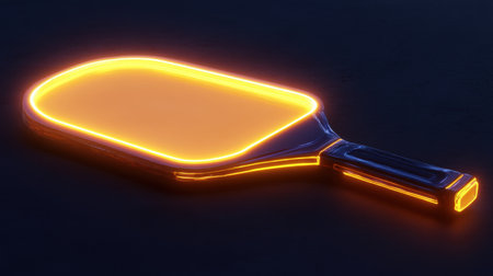 A glowing paddle with vivid neon edges resting on a dark surface, representing a modern and stylish approach to gaming and tech concepts.の素材