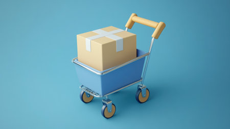 This image features a shopping cart filled with a neatly packed delivery box on a solid blue backdrop, perfect for e-commerce and retail-related themes.の素材