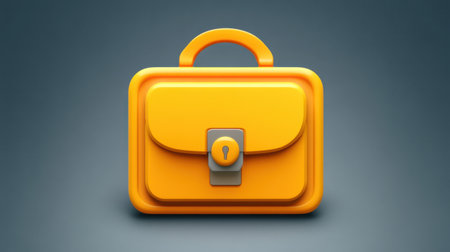 This bright yellow briefcase icon features a secure lock and is set against a neutral background, representing business, safety, and professionalism.の素材