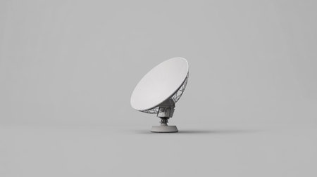 A sleek and modern satellite dish stands alone against a minimalist gray background, representing advancements in communication technology and connectivity.の素材