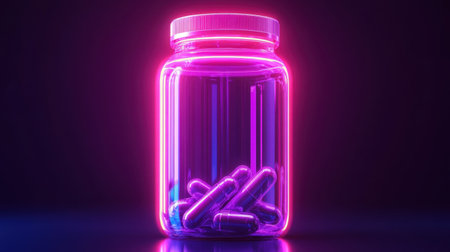 A striking image of a transparent jar filled with colorful capsules, illuminated with a neon glow, creates a captivating visual for health-related themes.の素材
