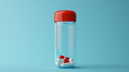 This image features a clear bottle with a red cap filled with red and white capsules, ideal for pharmaceutical and health-related applications.の素材