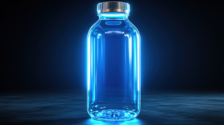 A visually striking blue glass bottle illuminated by luminous effects, set against a dark background. Ideal for modern design projects.の素材