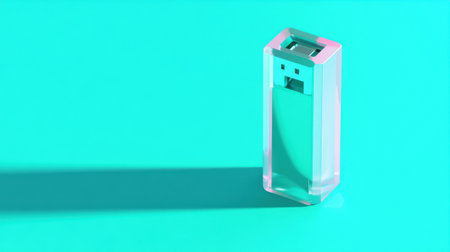 A sleek and modern transparent USB flash drive stands prominently against a bright turquoise background, showcasing its innovative design and utility.の素材