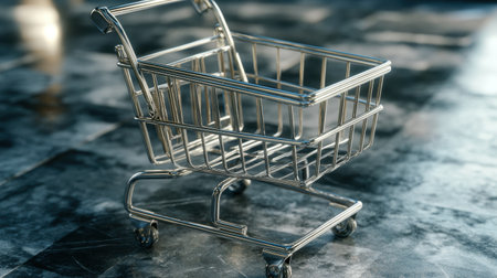A sleek metallic shopping cart positioned against a dark grunge background, ideal for showcasing retail concepts and e-commerce marketing visuals.の素材