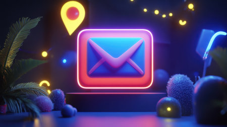 This image features a vibrant neon email icon set in a colorful digital environment with creative shapes and glowing elements, ideal for tech themes.の素材