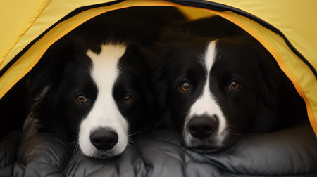 Two lovable dogs find comfort and warmth inside a cozy tent, showcasing their bond and peaceful demeanor in a tranquil outdoor setting.の素材