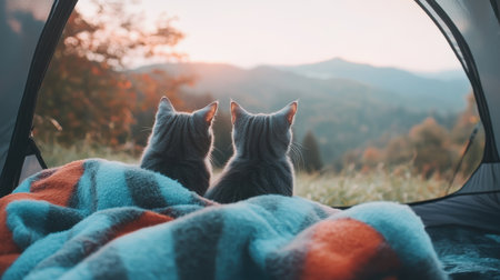 Two gray cats sit closely together inside a camping tent, watching a breathtaking sunset over lush mountains and enjoying the peaceful scenery.の素材