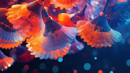 A breathtaking arrangement of colorful decorative fans suspended from the ceiling creates a lively festival atmosphere adorned with sparkling lights.の素材