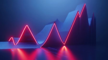 A captivating abstraction of data visualization showcasing vibrant neon lights against dynamic graphs, perfect for finance and technology themes.の素材