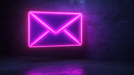 A vibrant neon envelope sign glowing in purple light against a dark textured wall. Ideal for themes of communication, messaging, and modern design.の素材