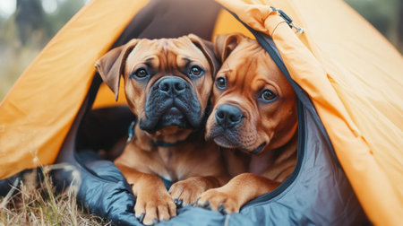 Two charming brown dogs are cuddled together inside a cozy tent, enjoying a day in nature, showcasing their bond and love for adventure.の素材