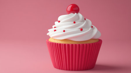 This delightful cupcake features a swirl of creamy frosting and a cherry on top, set against a soft pink background, perfect for food lovers.の素材