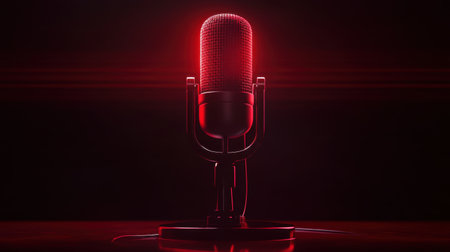 A vintage style microphone radiates with red light against a dark background, creating a dramatic and captivating mood perfect for music and audio themes.の素材