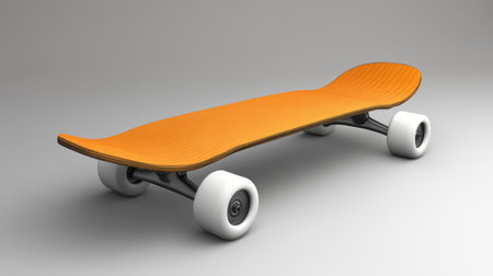 A vibrant orange skateboard rests on a sleek grey background, showcasing its modern design and white wheels. Perfect for urban lifestyle themes.の素材