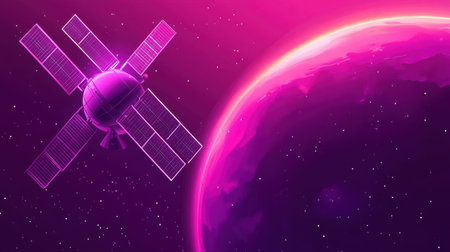 A stunning digital illustration featuring a futuristic satellite orbiting a vibrant pink planet, surrounded by a starry cosmic backdrop, perfect for themes of space exploration and technology.の素材