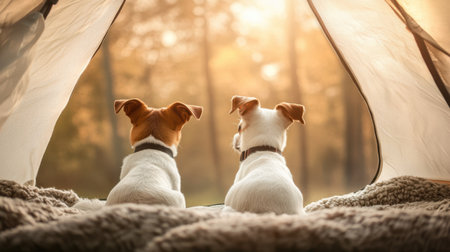 Two charming dogs sit inside a tent, gazing at a stunning sunset filtering through a serene forest, capturing a tranquil moment of companionship and adventure.の素材