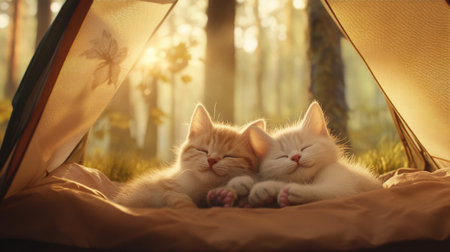 Two adorable and fluffy kittens peacefully sleeping in a tent, basking in sunlight among a serene forest, radiating warmth and tranquility.の素材