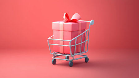 A charming pink gift box rests inside a white shopping cart, set against a soft coral background, symbolizing festive shopping and celebrations.の素材