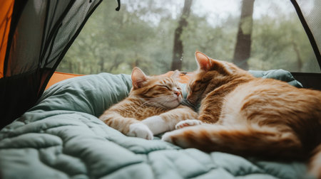 Two ginger cats peacefully snuggle together on a soft blanket inside a camping tent, showcasing warmth and companionship in a natural setting.の素材