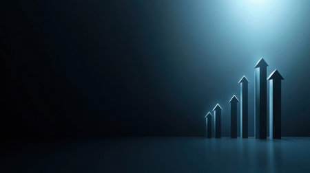 This artistic image features a series of metallic arrows ascending on a reflective surface, set against a dark background, illustrating business growth and potential.の素材