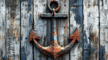 This image features a rustic anchor placed against a weathered wooden plank wall, showcasing a blend of blue, brown, and orange colors. The texture and unique design evoke maritime history and coastal charm.の素材