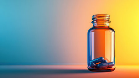 A vibrant glass jar filled with blue capsules sits elegantly against a gradient background of orange and blue, perfect for health-related themes.の素材