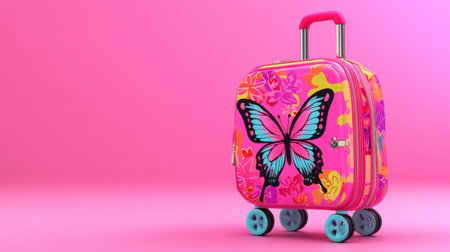 This vibrant and playful suitcase features a stunning butterfly design surrounded by floral patterns, perfect for kids' travel adventures.の素材